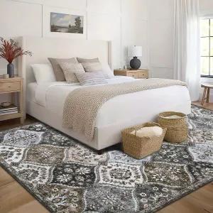1 PC, Indoor Vintage Living Room Area Rug Washable Bedroom Rugs Floral Rugs Soft Non Slip Throw Carpet Retro Accent Throw Kitchen Mat Foldable Thin Rug Low Pile Non Shedding Home Decor Rug For Dining Room Kitchen, Grey Taupe