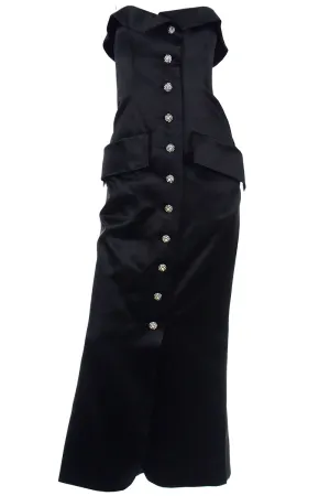 1985 Yves Saint Laurent Black Satin Strapless Evening Dress w Rhinestone Buttons