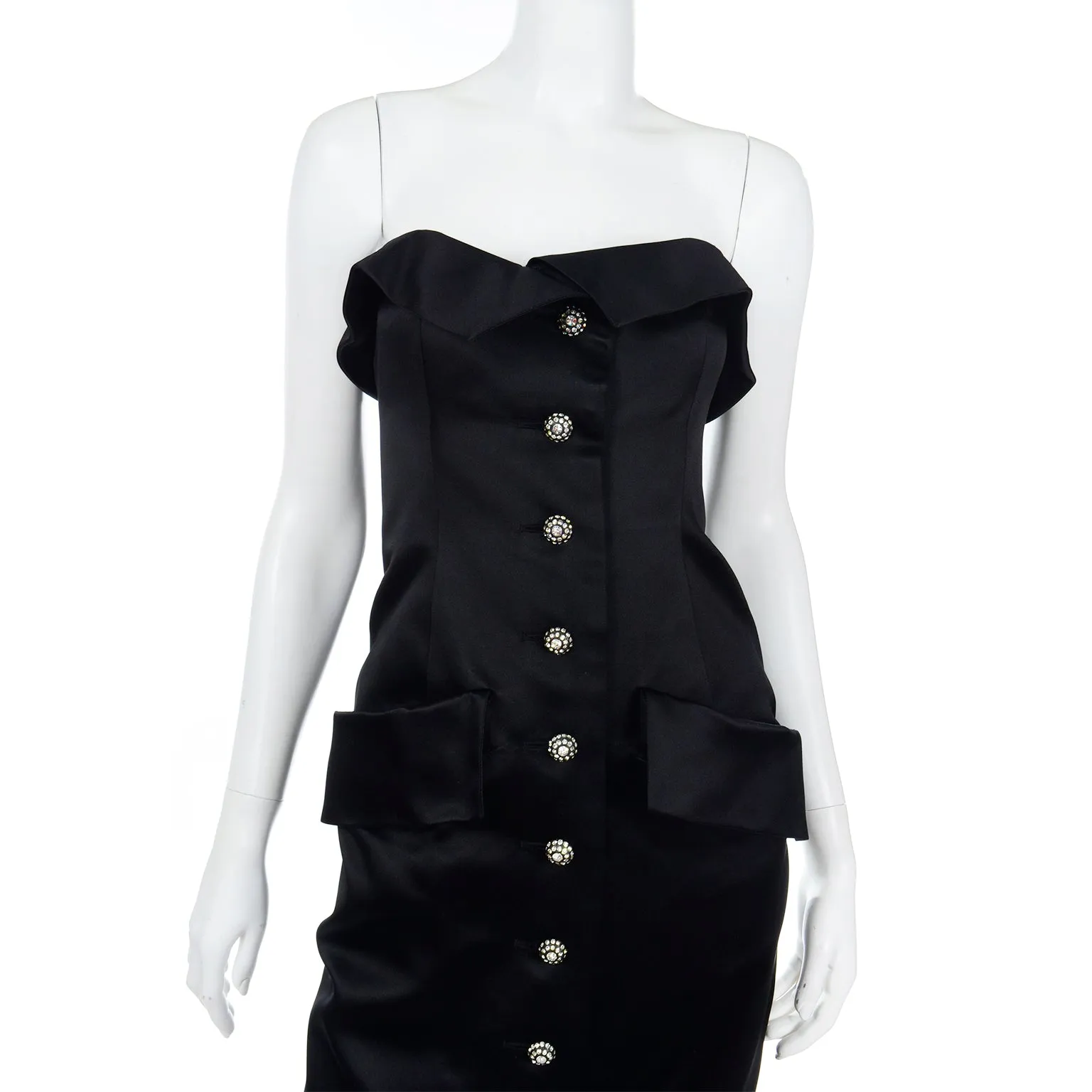 1985 Yves Saint Laurent Black Satin Strapless Evening Dress w Rhinestone Buttons