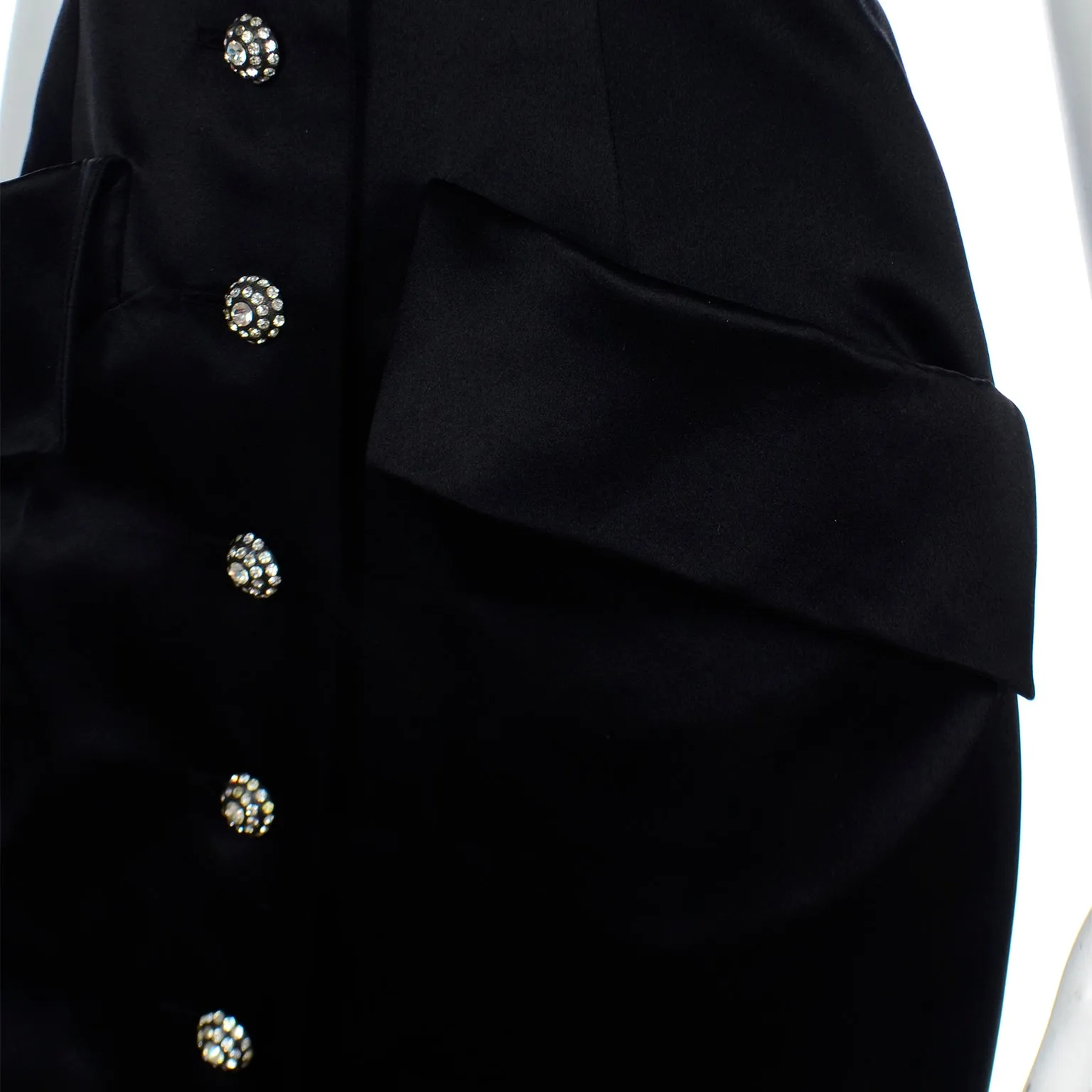 1985 Yves Saint Laurent Black Satin Strapless Evening Dress w Rhinestone Buttons