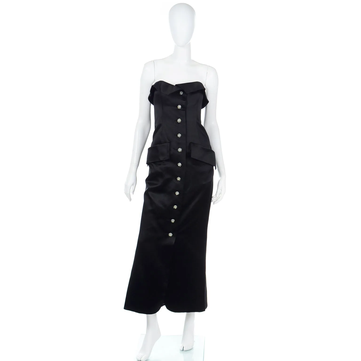 1985 Yves Saint Laurent Black Satin Strapless Evening Dress w Rhinestone Buttons