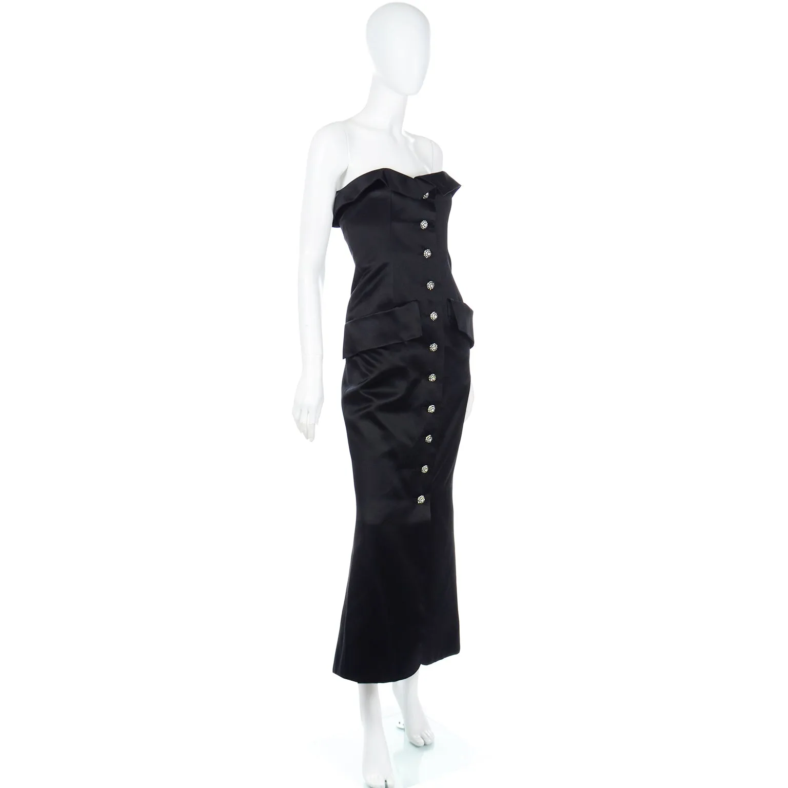 1985 Yves Saint Laurent Black Satin Strapless Evening Dress w Rhinestone Buttons