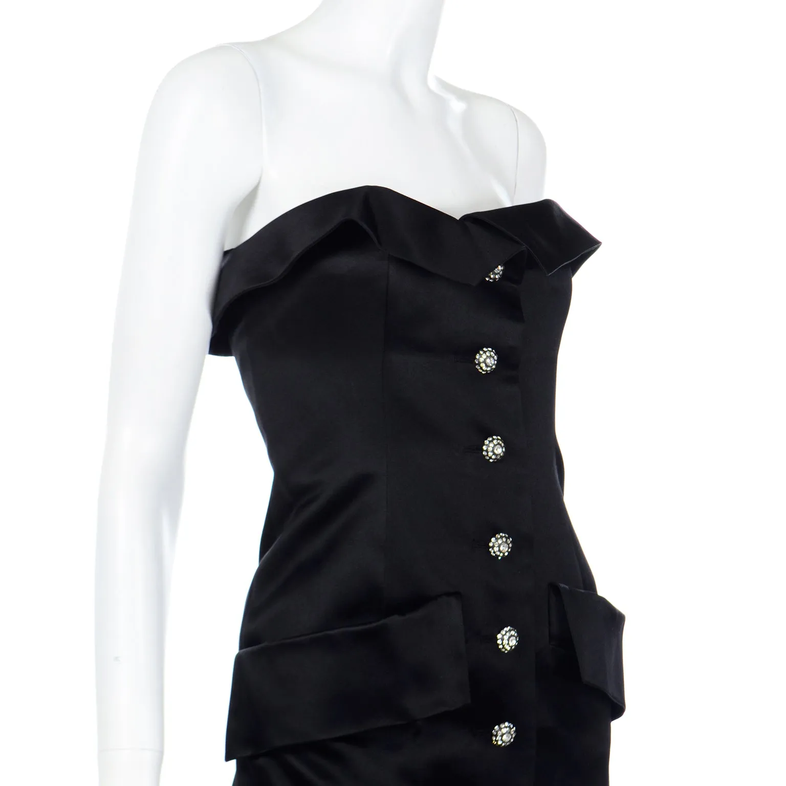 1985 Yves Saint Laurent Black Satin Strapless Evening Dress w Rhinestone Buttons