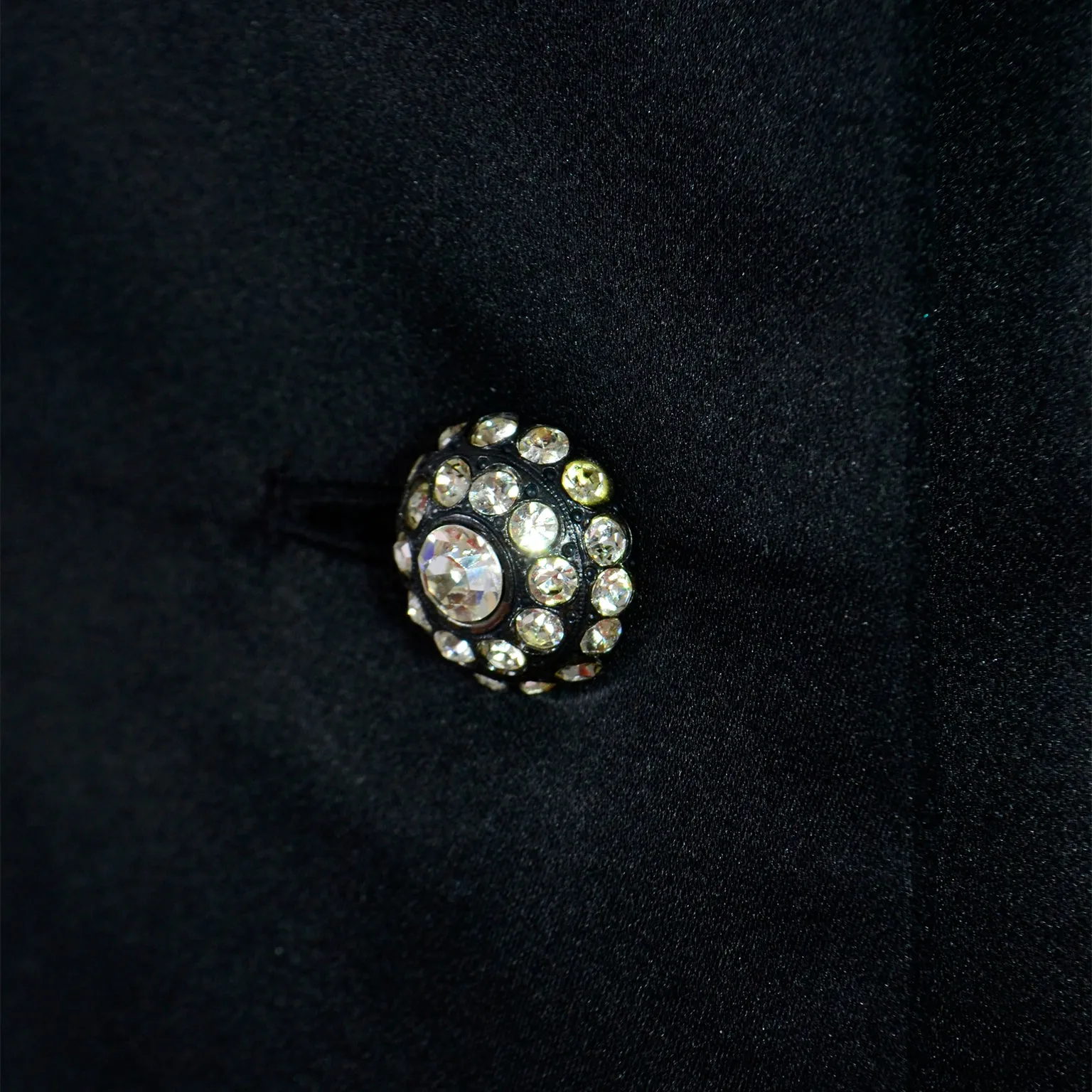 1985 Yves Saint Laurent Black Satin Strapless Evening Dress w Rhinestone Buttons
