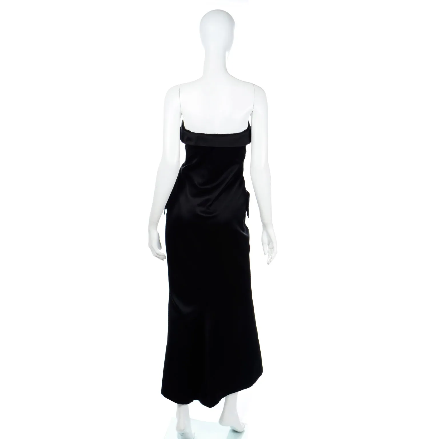 1985 Yves Saint Laurent Black Satin Strapless Evening Dress w Rhinestone Buttons
