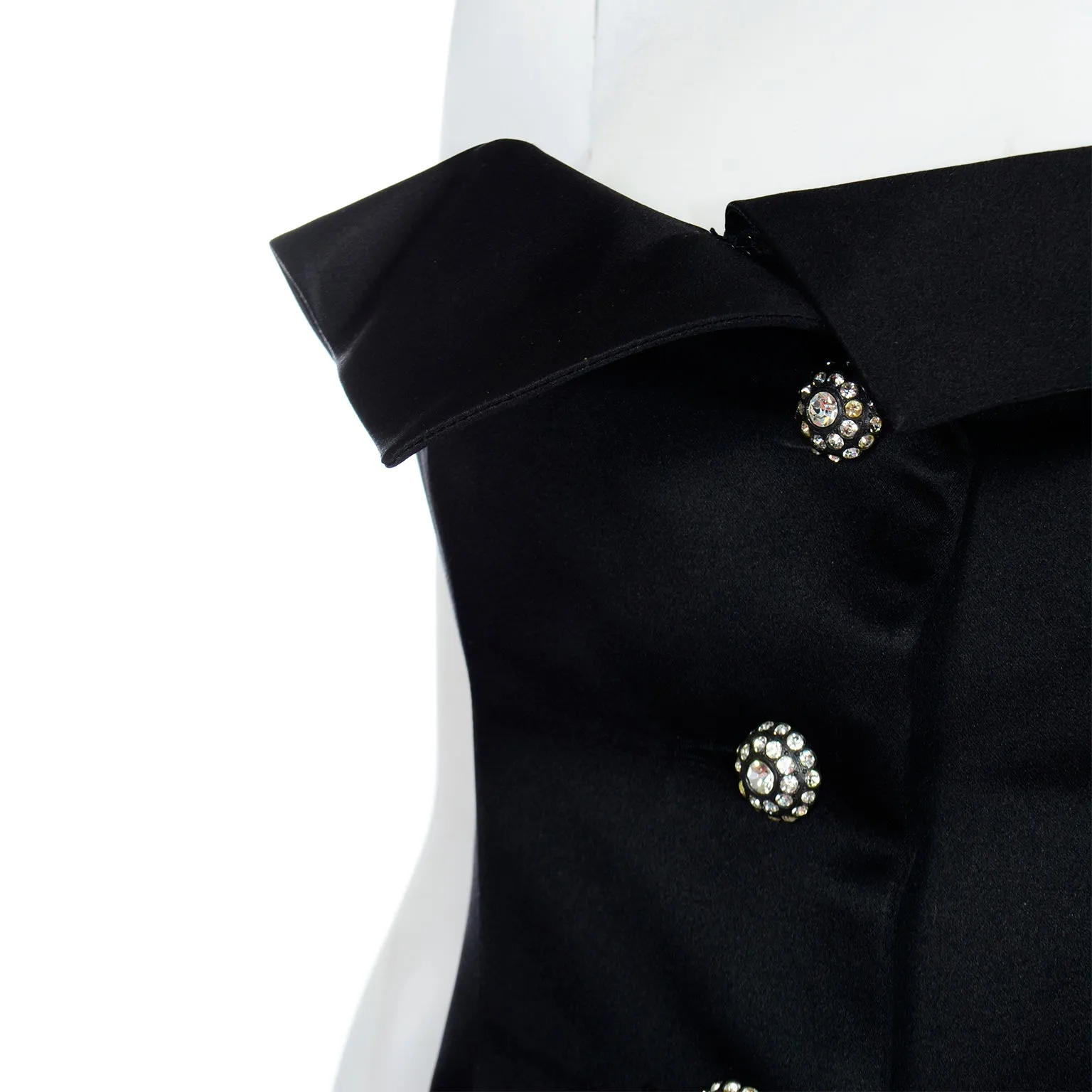 1985 Yves Saint Laurent Black Satin Strapless Evening Dress w Rhinestone Buttons