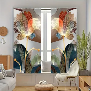 2pcs Modern Abstract Floral Patterned Polyester Curtains, 2 Panels, Golden Yellow, Filter Light, Suitable For Bedroom, Living Room, Office, And Home Decoration, Rod Pocket Design, Hanging Type