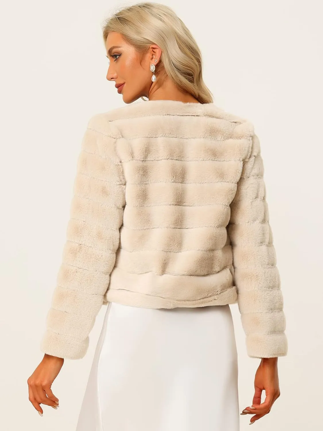 Allegra K Women's Winter Warm Cropped Jacket Collarless Faux Fur Fluffy Coat
