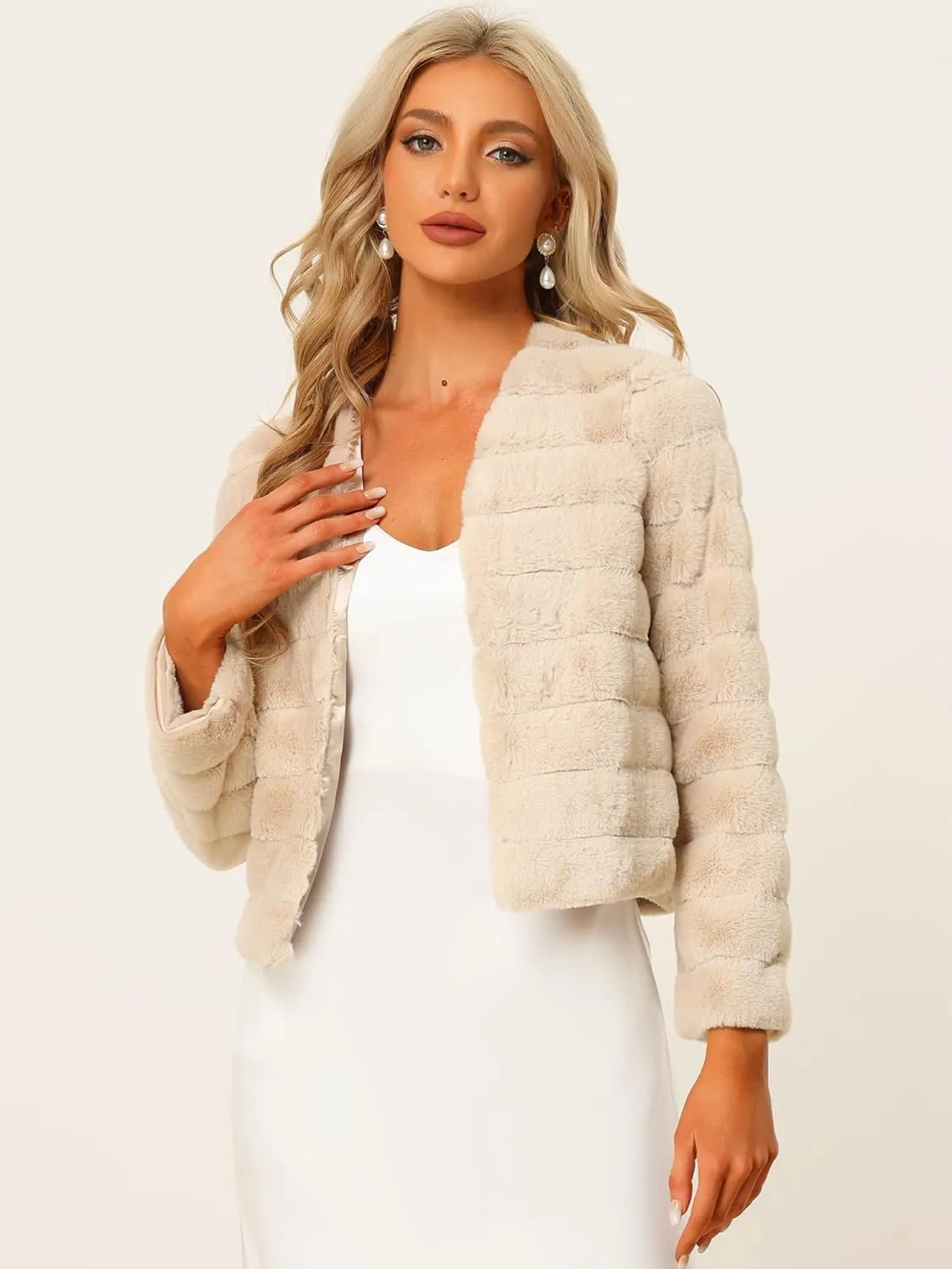 Allegra K Women's Winter Warm Cropped Jacket Collarless Faux Fur Fluffy Coat