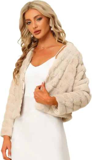 Allegra K Women's Winter Warm Cropped Jacket Collarless Faux Fur Fluffy Coat