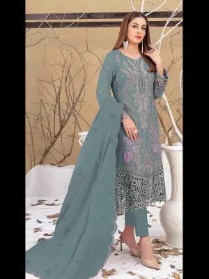 Aqua Green Classy Designer Semi-Stitched Pant Suit With Multi Thread Embroidery Hand Work