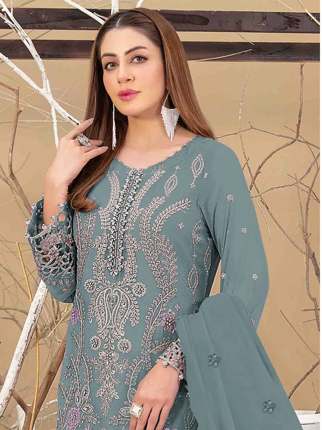 Aqua Green Classy Designer Semi-Stitched Pant Suit With Multi Thread Embroidery Hand Work
