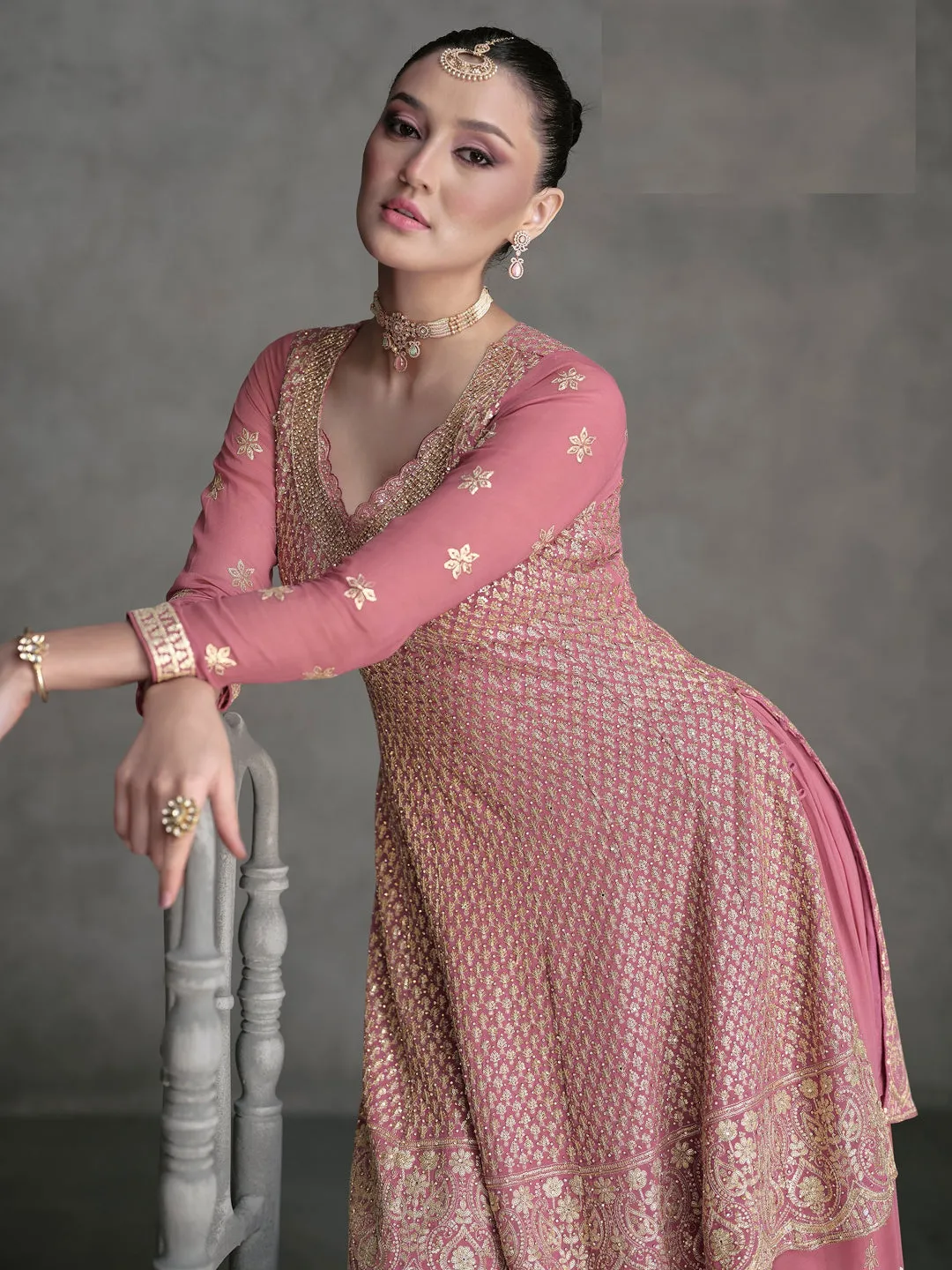 Baby Pink Heavy Designer Readymade Sharara Suit With Embroidery Sequence Work