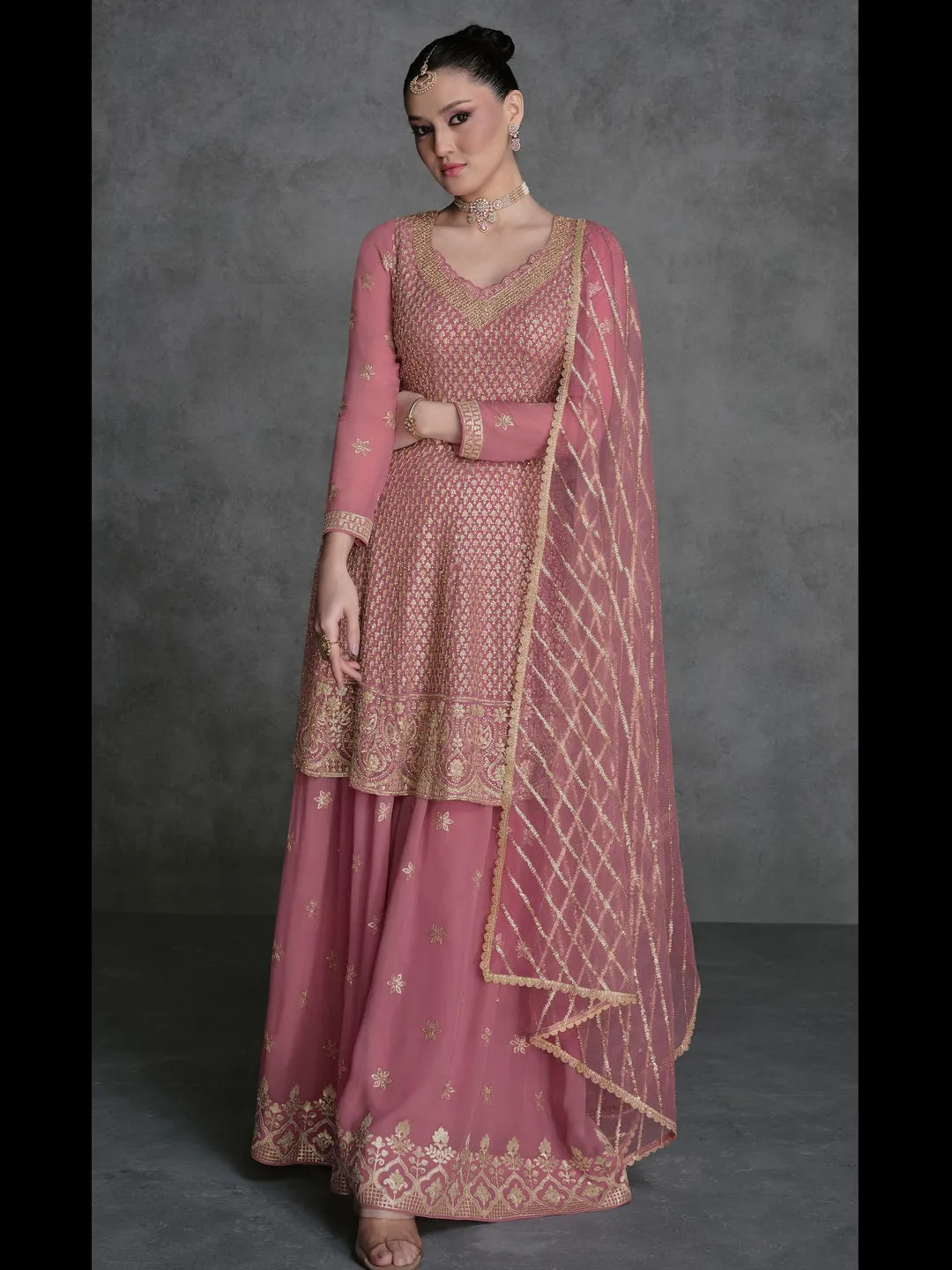 Baby Pink Heavy Designer Readymade Sharara Suit With Embroidery Sequence Work