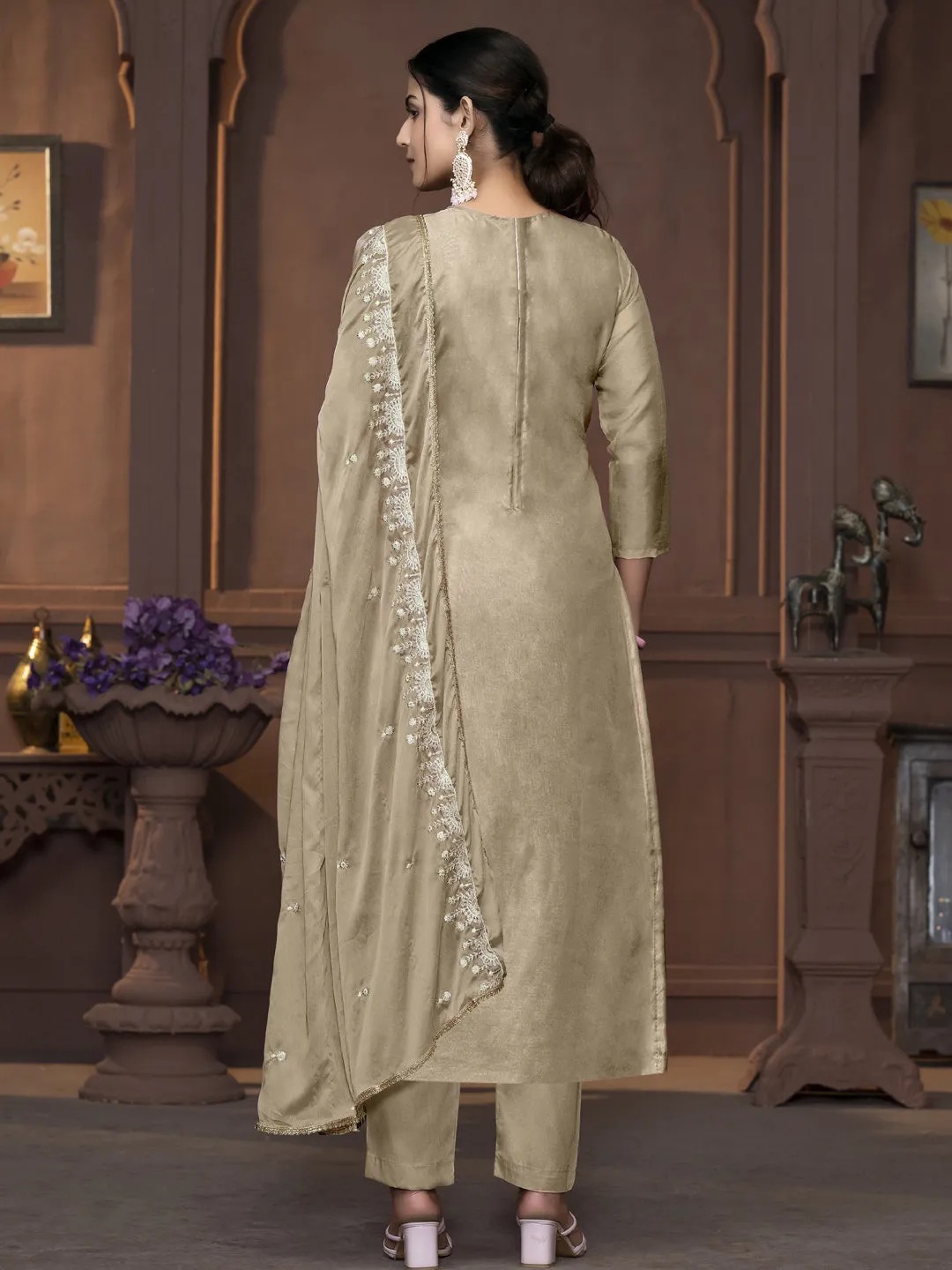 Beige Party Wear Readymade Pant Suit With Pojishan Embroidery Hand Work