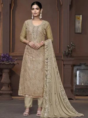 Beige Party Wear Readymade Pant Suit With Pojishan Embroidery Hand Work