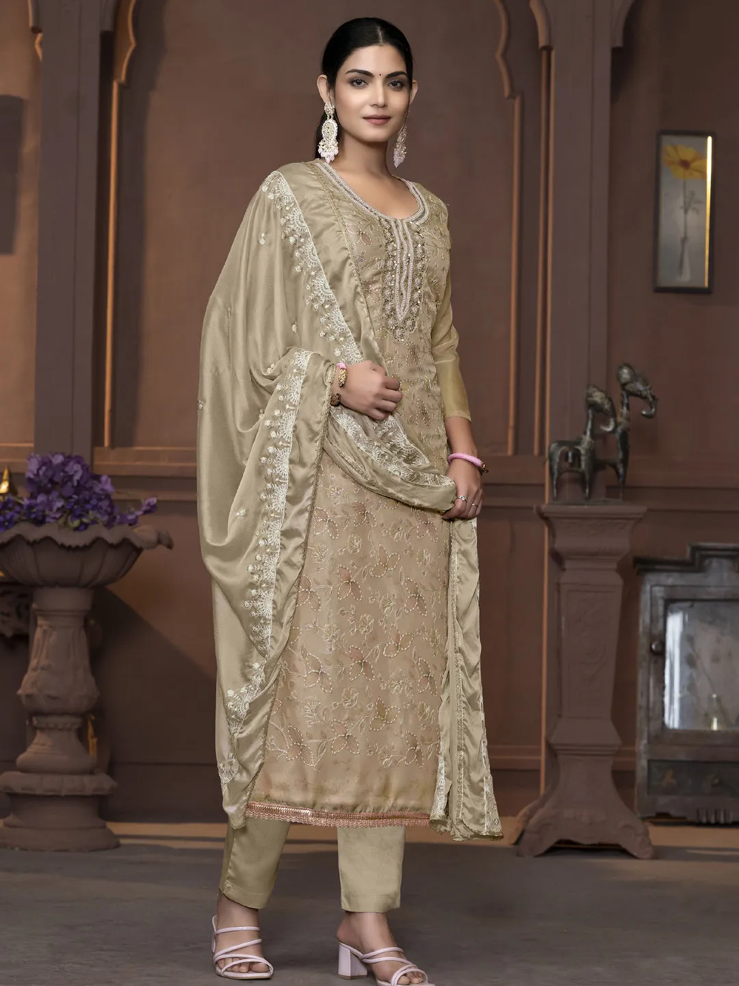 Beige Party Wear Readymade Pant Suit With Pojishan Embroidery Hand Work