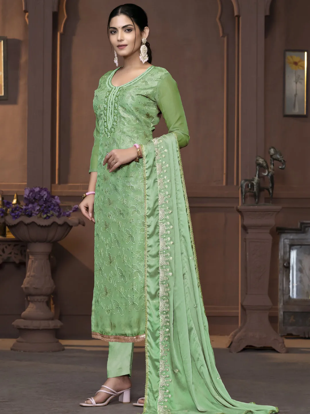 Beige Party Wear Readymade Pant Suit With Pojishan Embroidery Hand Work