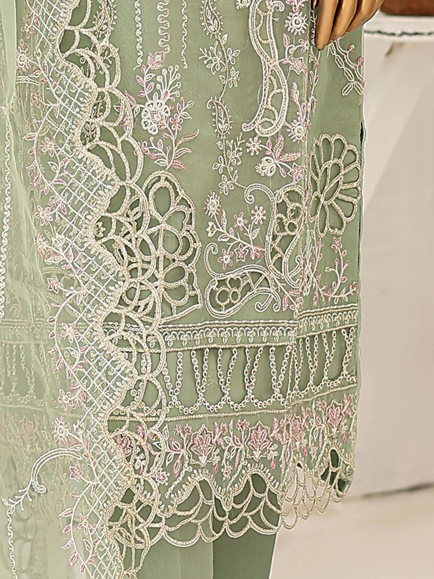 Bin Saeed Luxury Embroidered Organza Suit - Light Green