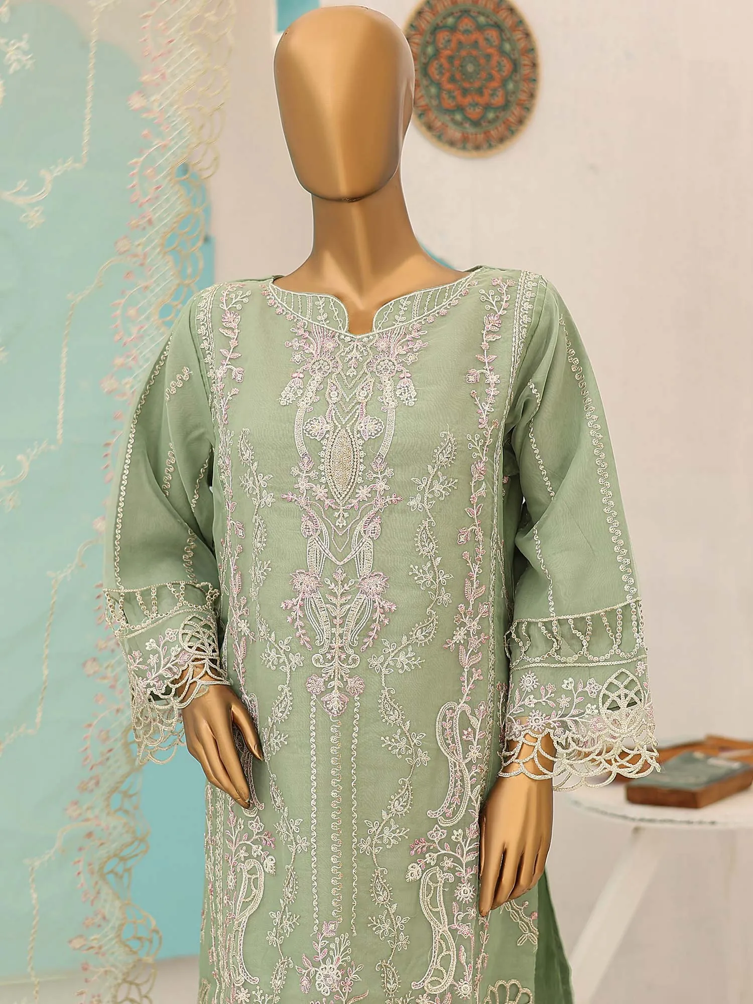 Bin Saeed Luxury Embroidered Organza Suit - Light Green