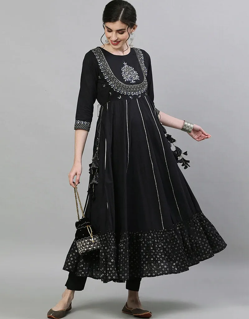 Black Cotton Anarkali Kurti