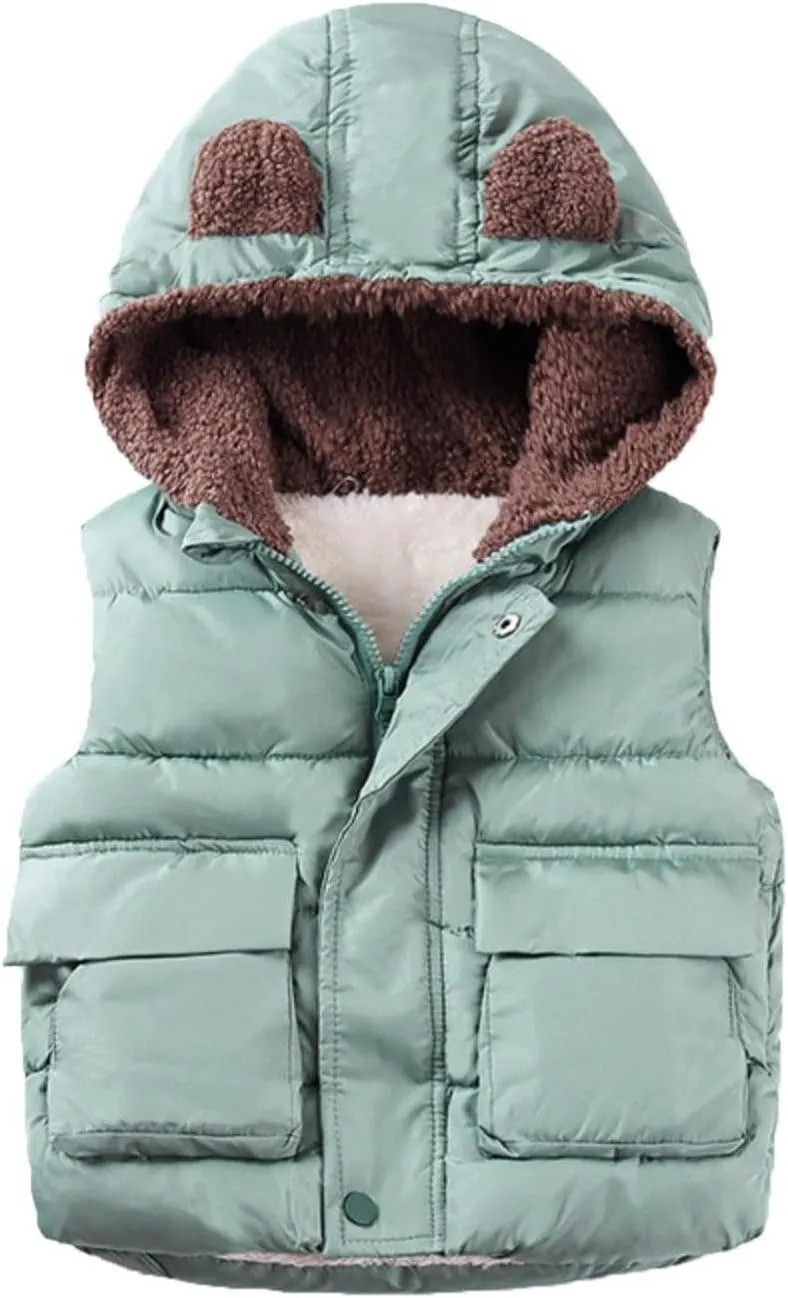 Boys and Toddler's Hooded Puffer Vest Fleece Sherpa Lined Bear Ears Sleeveless Down Coat Baby Girls Padded Waistcoat
