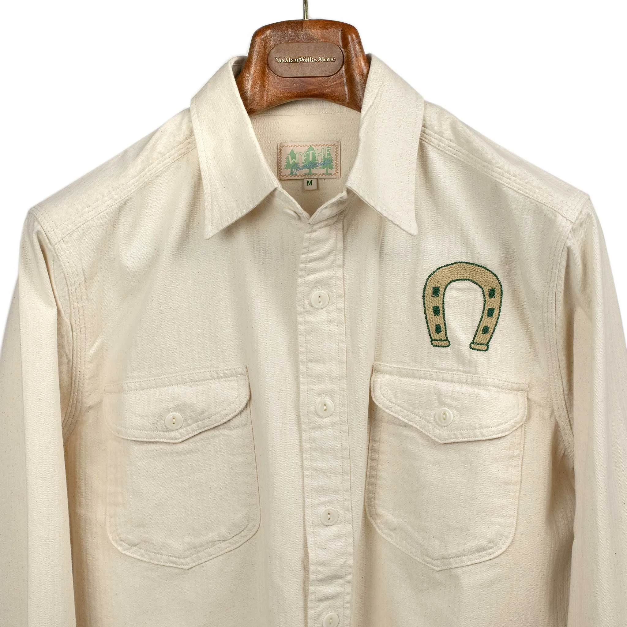 Chainstitched workshirt in natural undyed cotton herringbone
