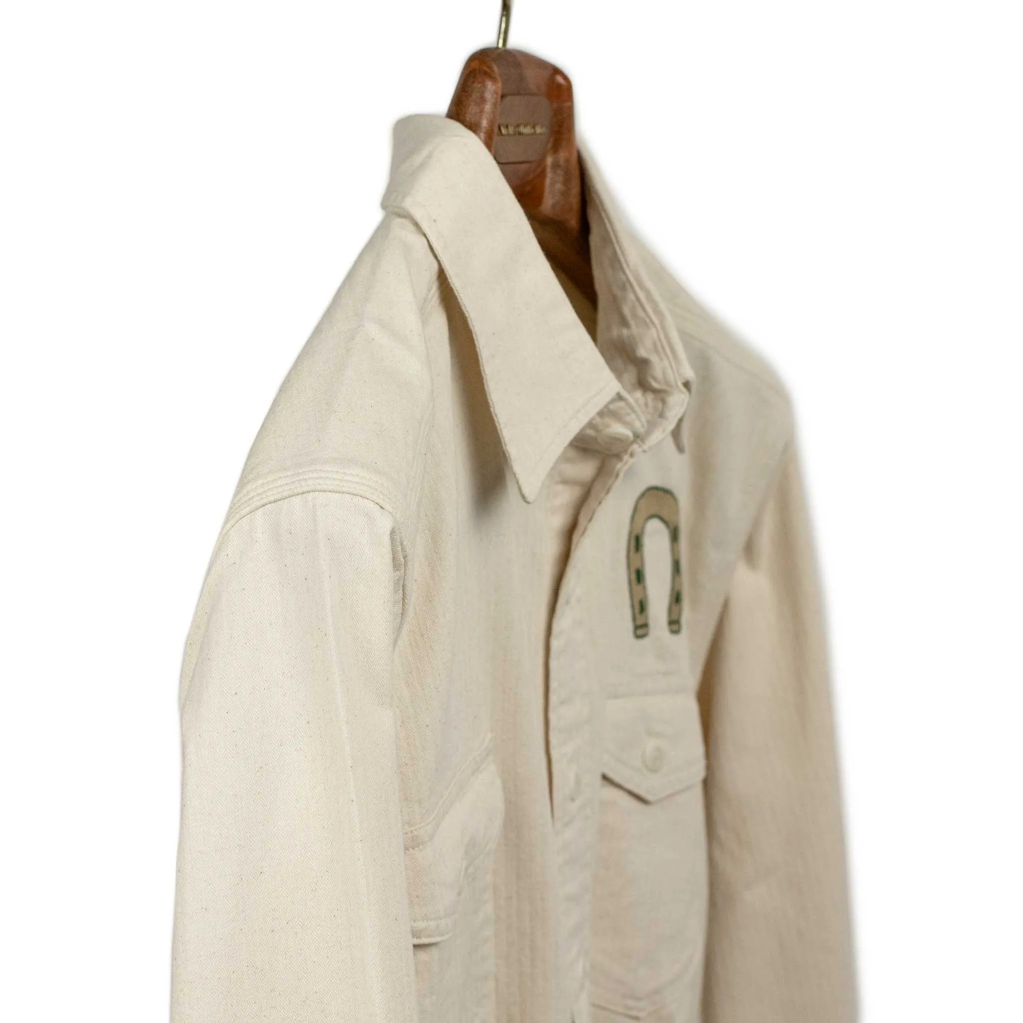 Chainstitched workshirt in natural undyed cotton herringbone