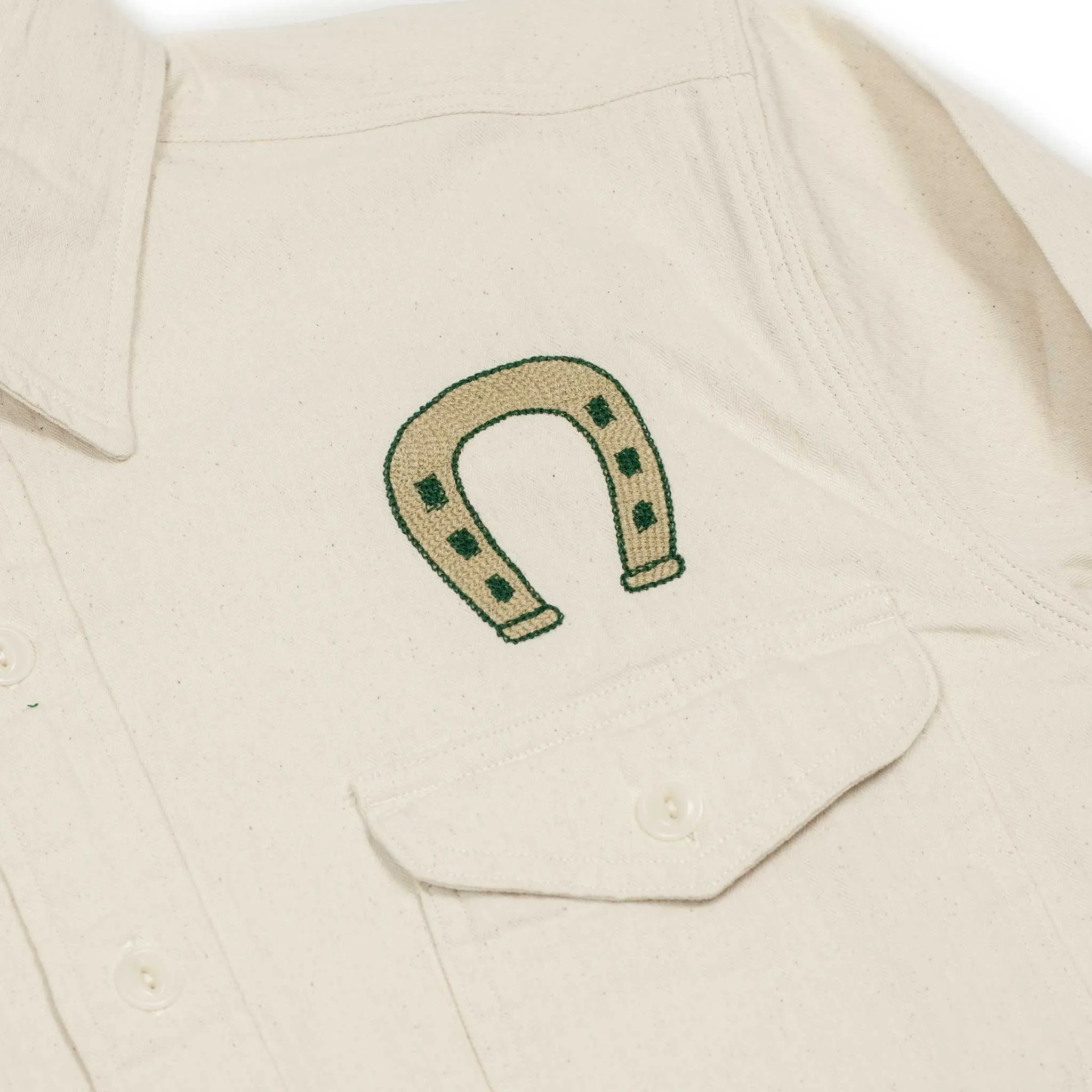 Chainstitched workshirt in natural undyed cotton herringbone