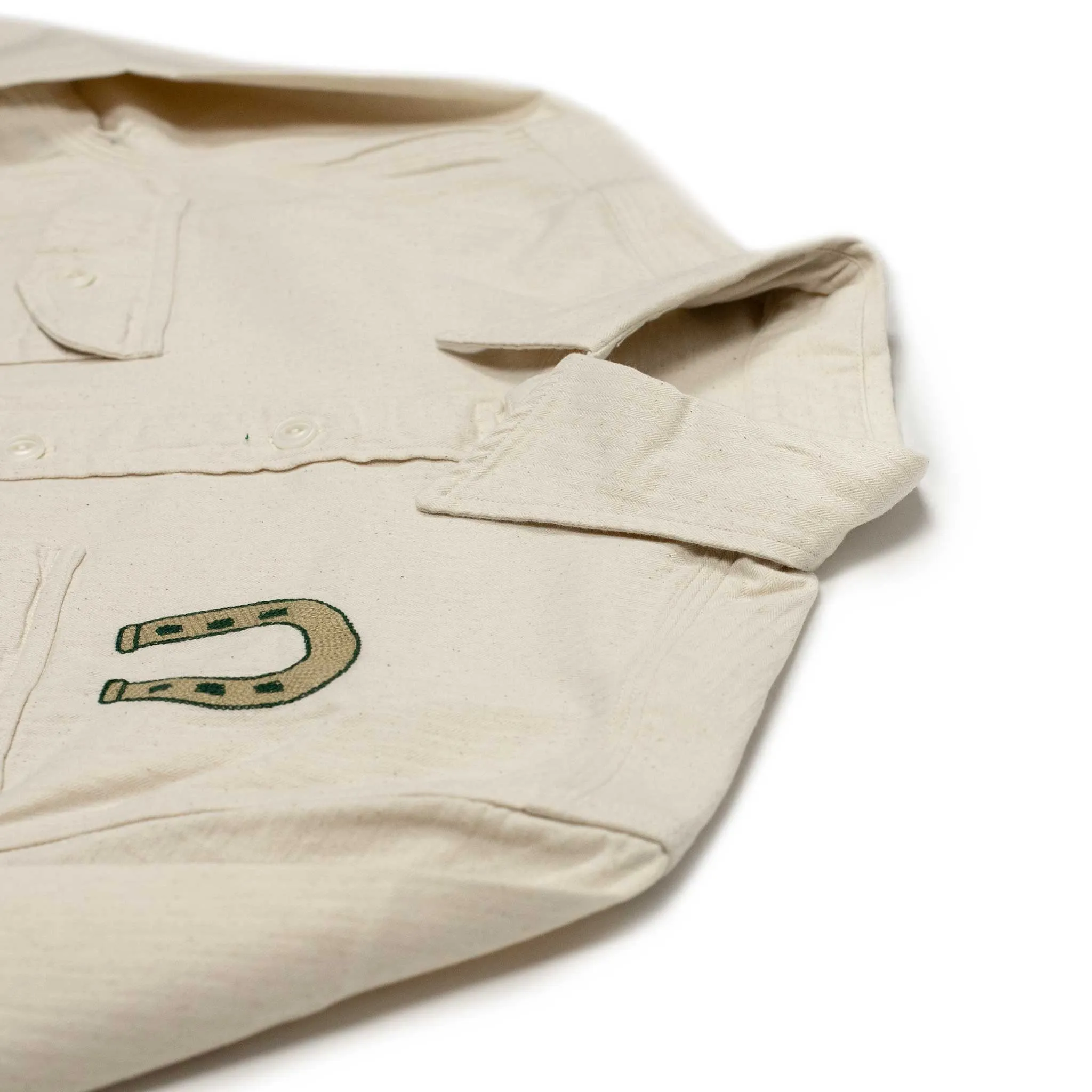 Chainstitched workshirt in natural undyed cotton herringbone