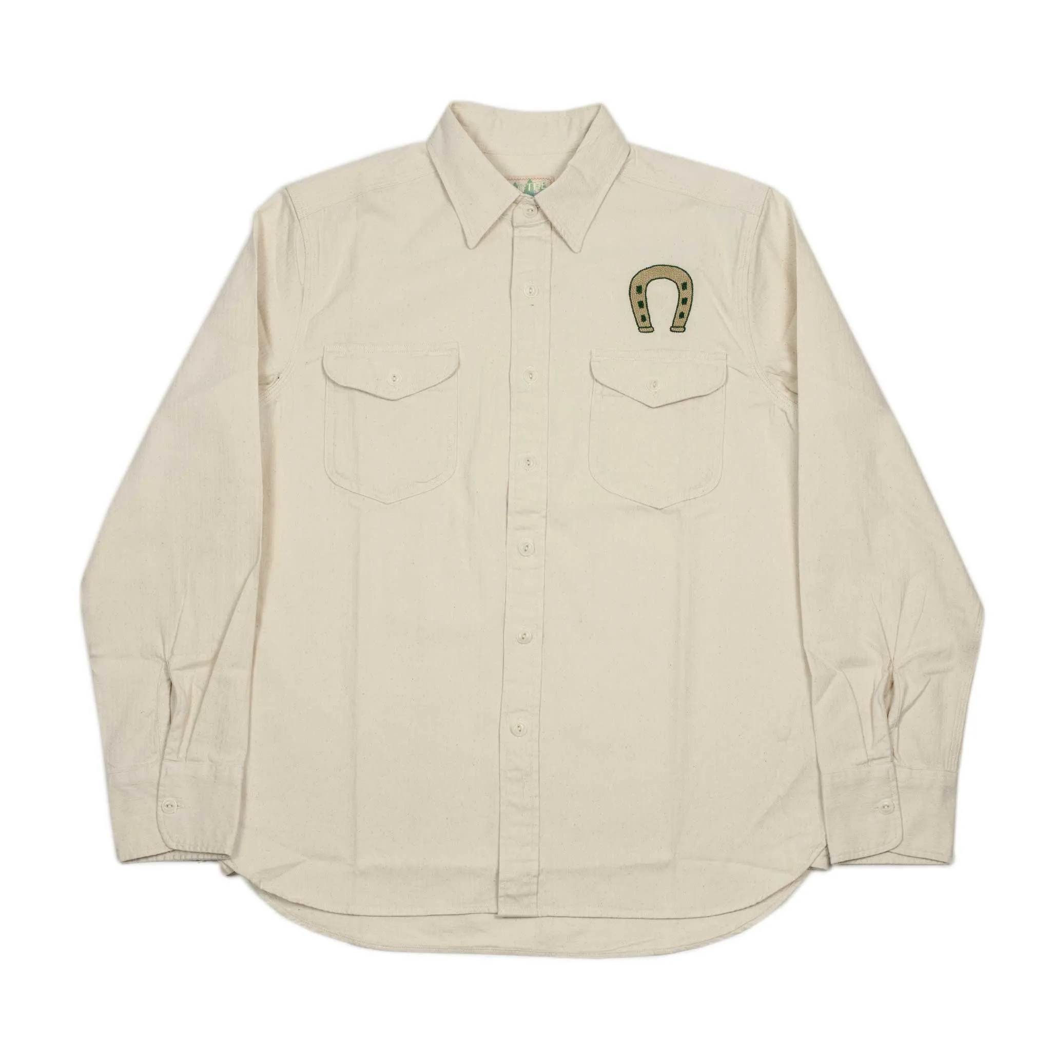 Chainstitched workshirt in natural undyed cotton herringbone