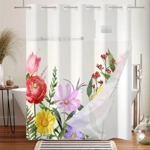 Colorful Flower Shower Curtain Set, No Hook Shower Curtain With Snap In Liner, European Garden Shower Curtain With See Through Mesh Top Window For Bathroom Hotel Decor Peony, Rose, Daisy 71x74 Inches