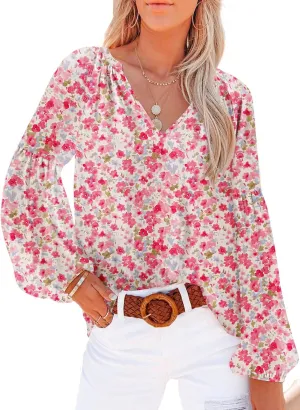 Dokotoo Women's Casual Boho Floral Print V Neck Long Sleeve T Shirt Blouses