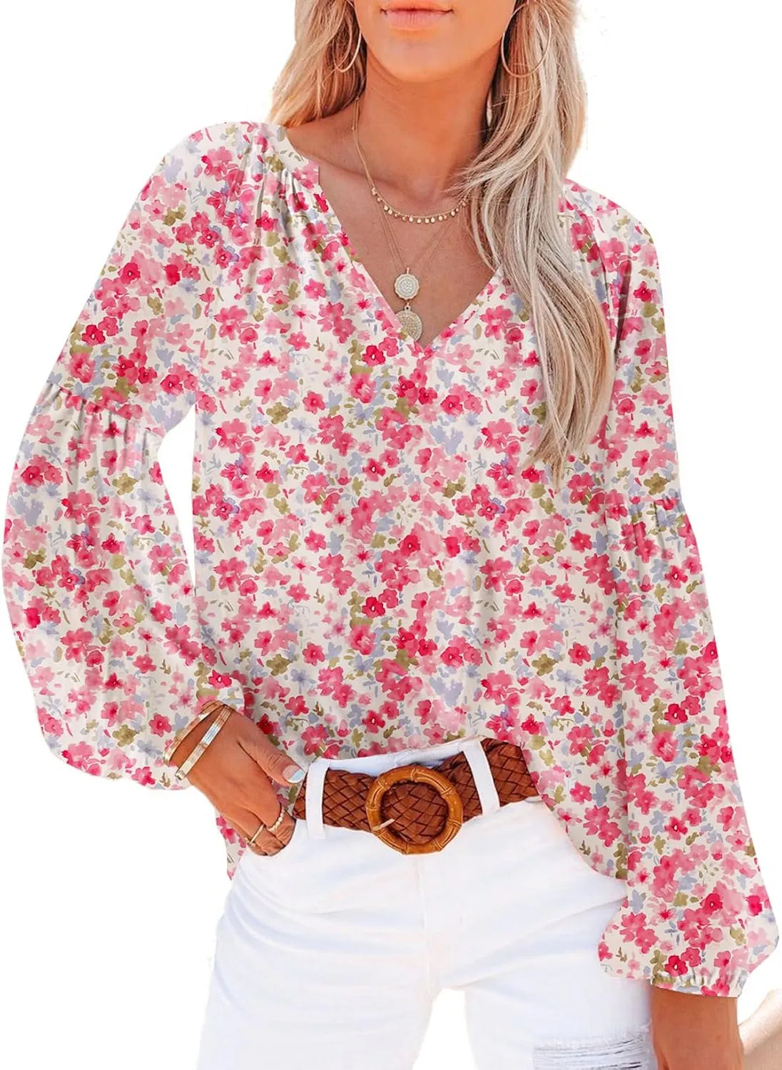 Dokotoo Women's Casual Boho Floral Print V Neck Long Sleeve T Shirt Blouses
