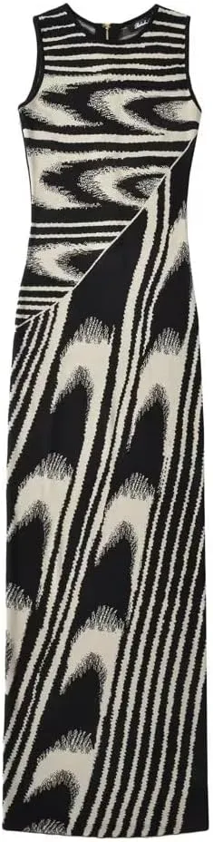 efvandoloe Summer Chic Abstract Knitted Long Dress Women Crew Neck Sleeveless Stretchable Slim Maxi Dresses