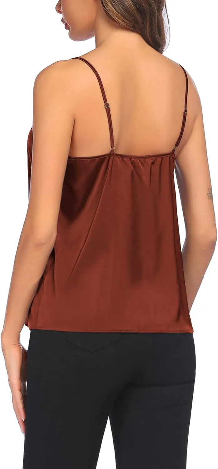Ekouaer 3 Pack: Womens Silk Satin Tank Top V Neck Camisole Cami Spaghetti Strap Top Loose Sleeveless Blouses Tank Shirt