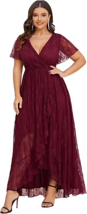 Ever-Pretty Women's V Neck Ruffles Sleeves High Low Lace Plus Size Summer Cocktail Party Wedding Guest Dresses 01489-DAPH