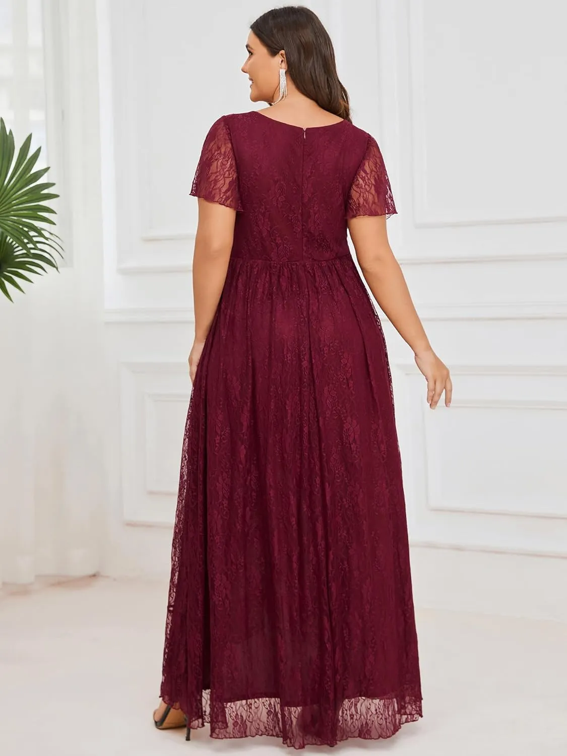 Ever-Pretty Women's V Neck Ruffles Sleeves High Low Lace Plus Size Summer Cocktail Party Wedding Guest Dresses 01489-DAPH