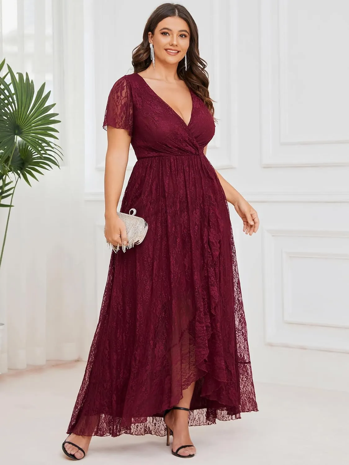 Ever-Pretty Women's V Neck Ruffles Sleeves High Low Lace Plus Size Summer Cocktail Party Wedding Guest Dresses 01489-DAPH