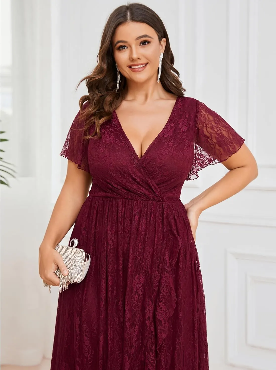 Ever-Pretty Women's V Neck Ruffles Sleeves High Low Lace Plus Size Summer Cocktail Party Wedding Guest Dresses 01489-DAPH