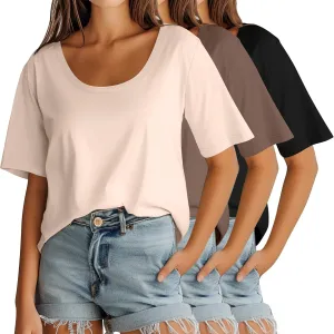 Ficerd 3 Pack Elbow Length Sleeve T-Shirt for Women, Scoop Neck 1/2 Half Sleeve 35% Cotton Top Casual Summer Loose Basic Tee