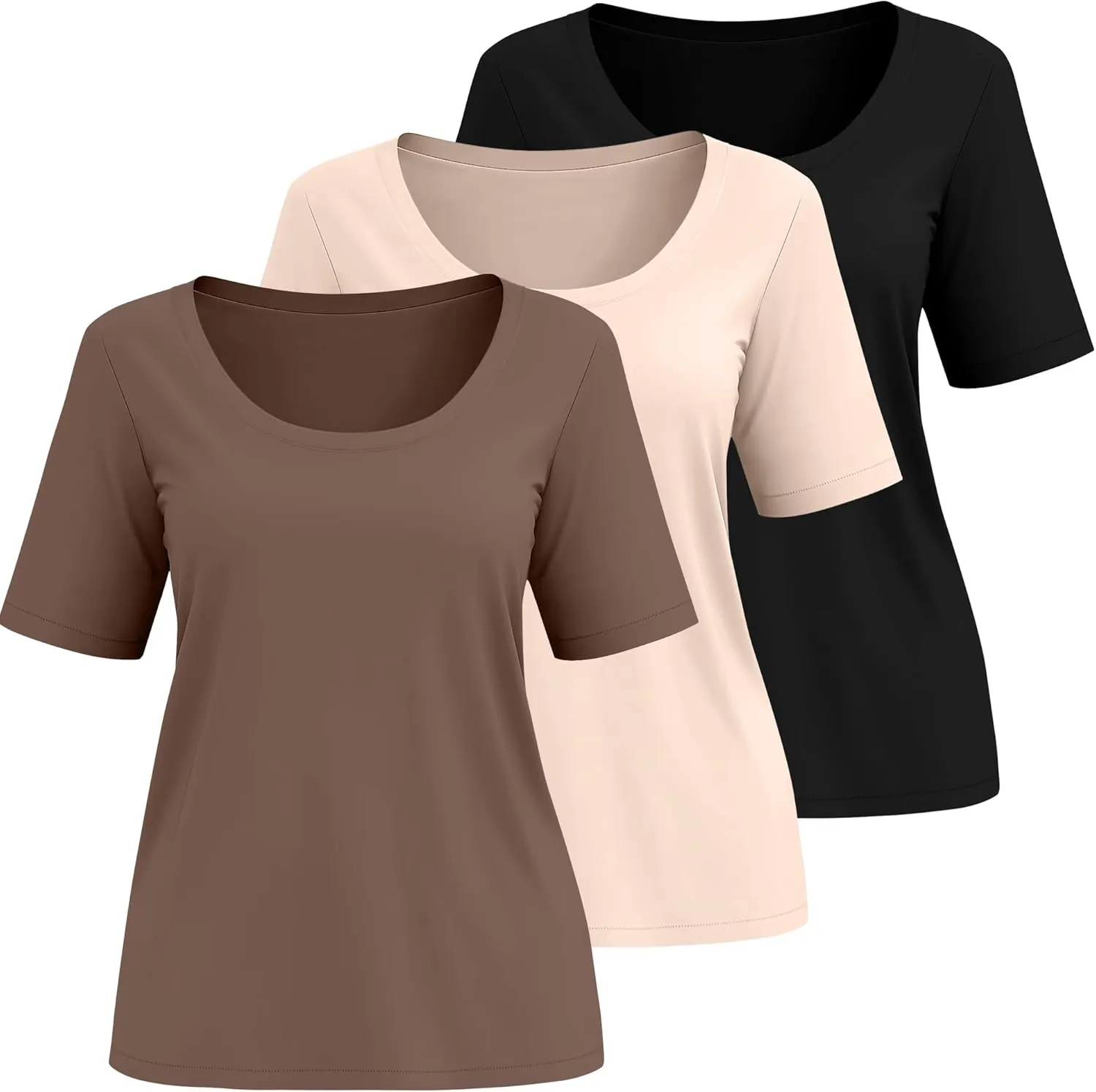 Ficerd 3 Pack Elbow Length Sleeve T-Shirt for Women, Scoop Neck 1/2 Half Sleeve 35% Cotton Top Casual Summer Loose Basic Tee