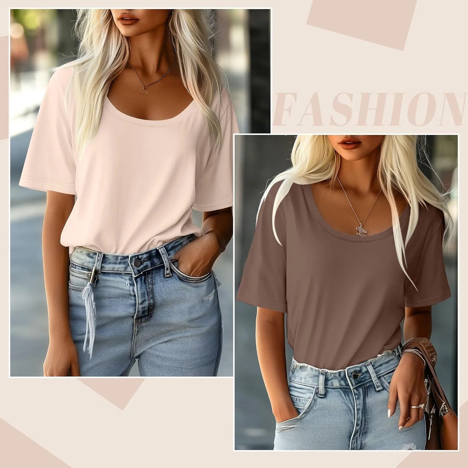 Ficerd 3 Pack Elbow Length Sleeve T-Shirt for Women, Scoop Neck 1/2 Half Sleeve 35% Cotton Top Casual Summer Loose Basic Tee