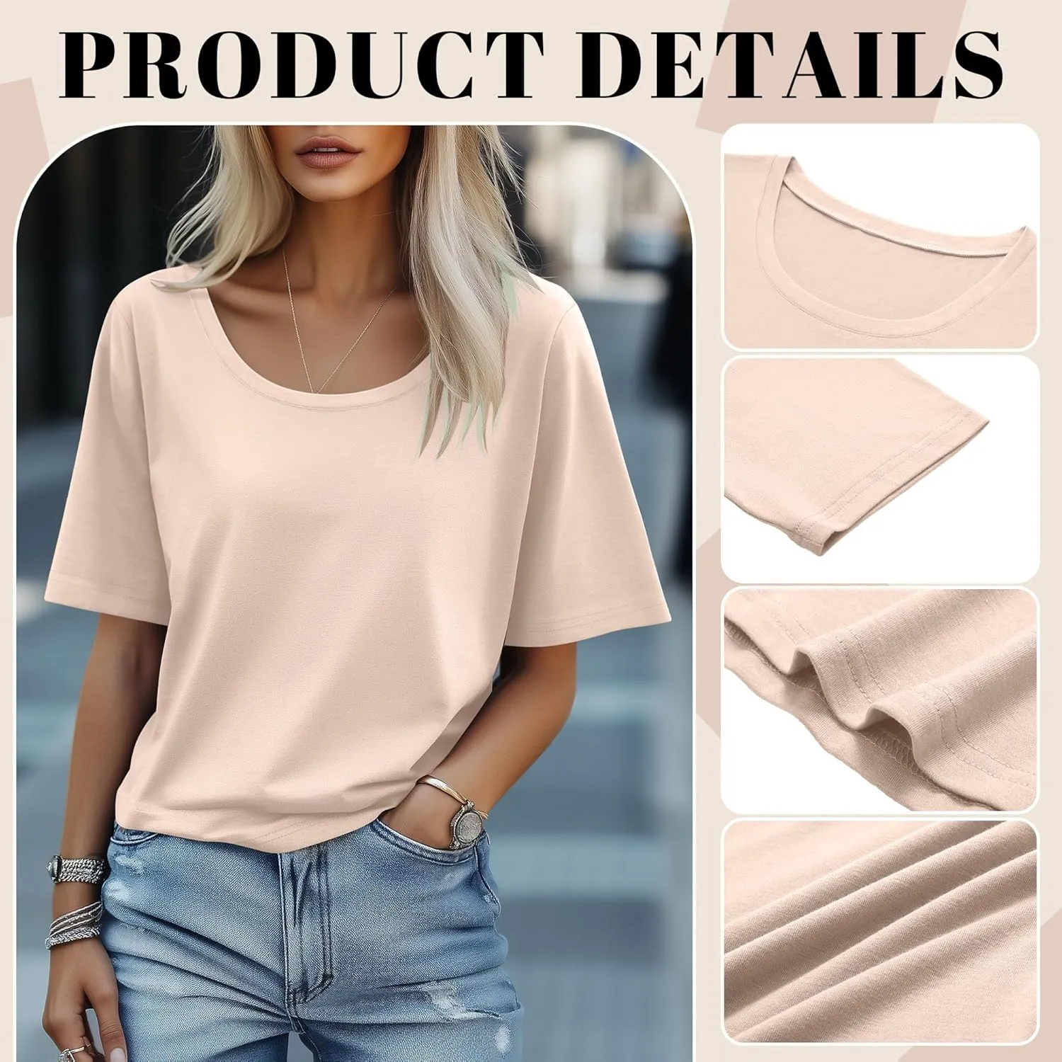 Ficerd 3 Pack Elbow Length Sleeve T-Shirt for Women, Scoop Neck 1/2 Half Sleeve 35% Cotton Top Casual Summer Loose Basic Tee