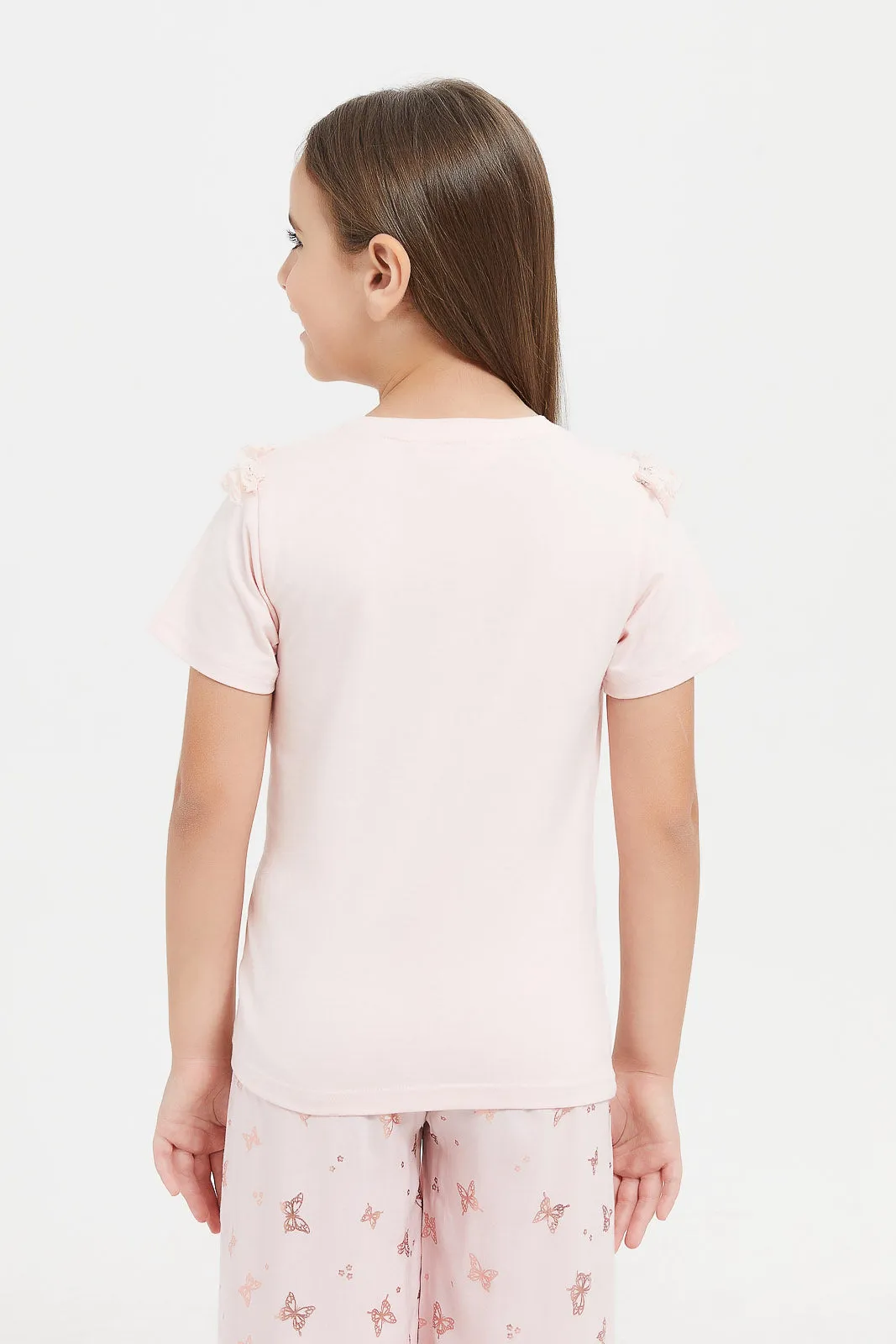Girls Pink Butterfly Embellished T-Shirt
