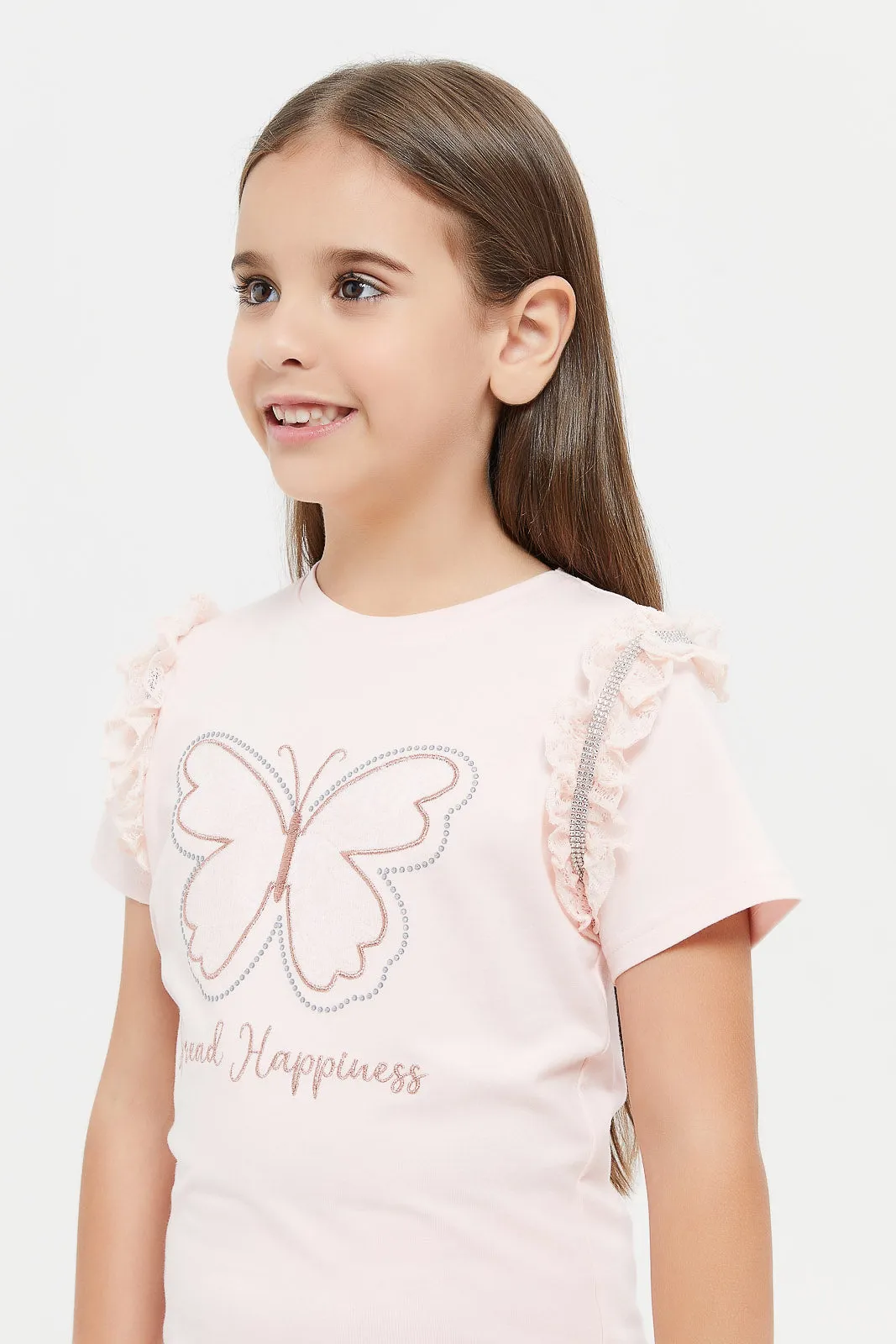 Girls Pink Butterfly Embellished T-Shirt