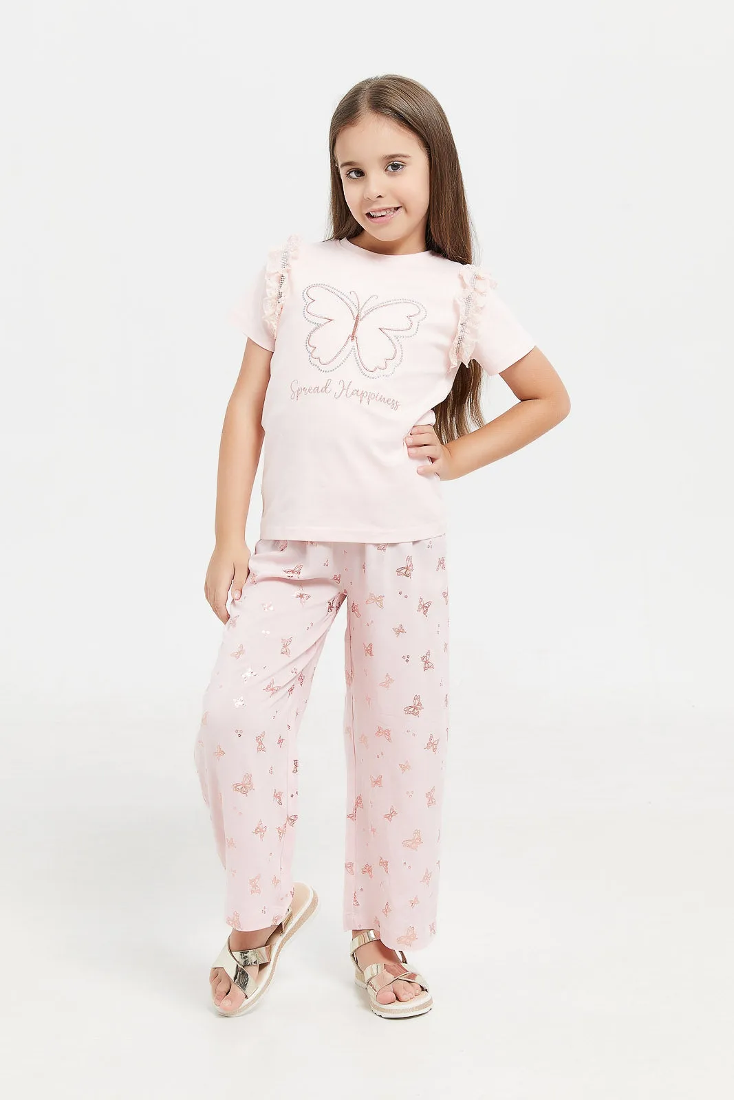 Girls Pink Butterfly Embellished T-Shirt