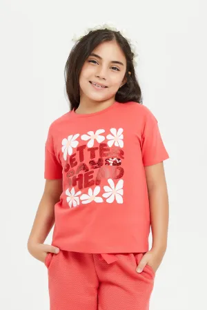 Girls Red Flowers Sequins T-Shirt