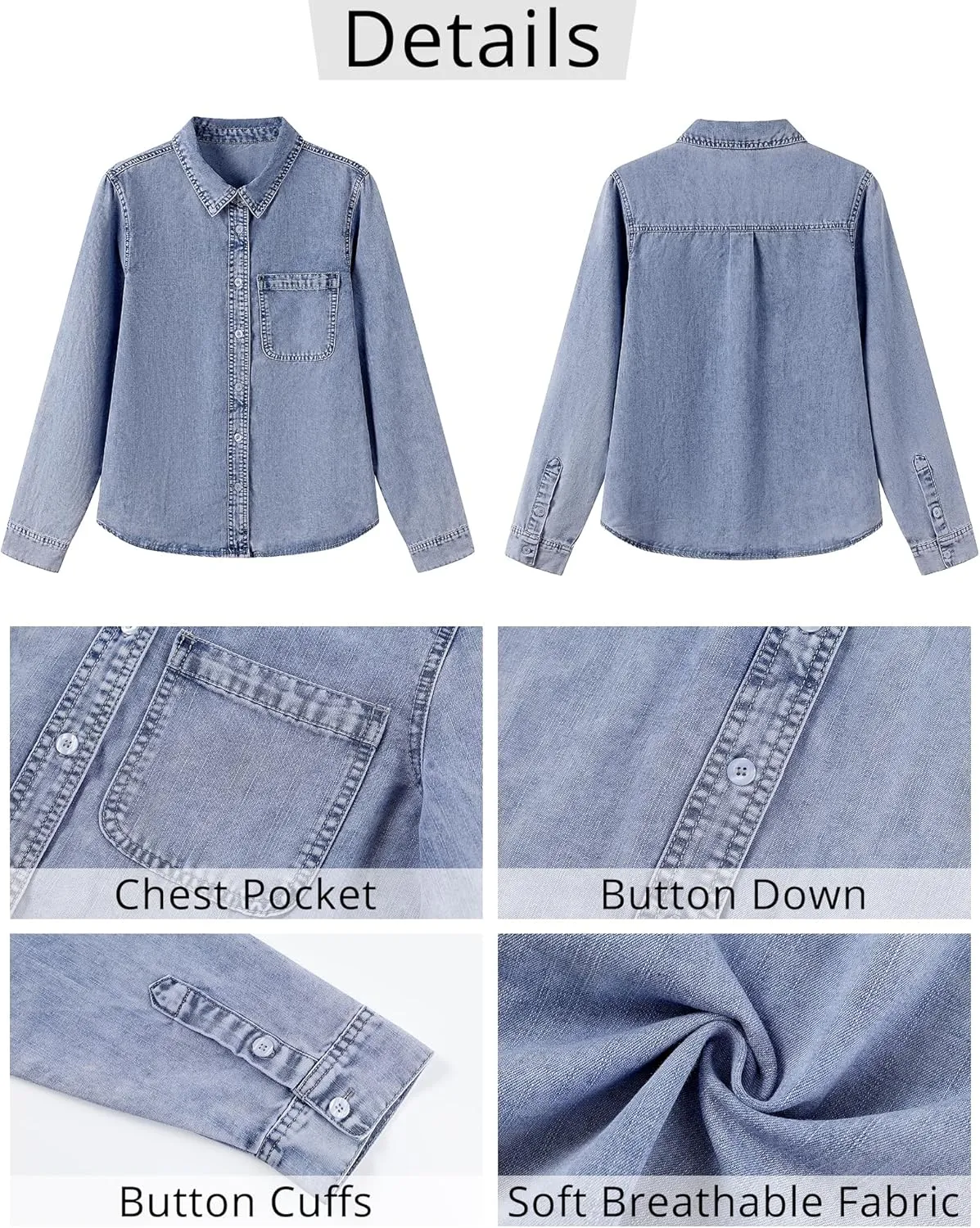 GRAPENT Denim Button Down Shirts for Women Long Sleeve Lightweight Western Relaxed Single Pocket Jean Shirt Shacket Top
