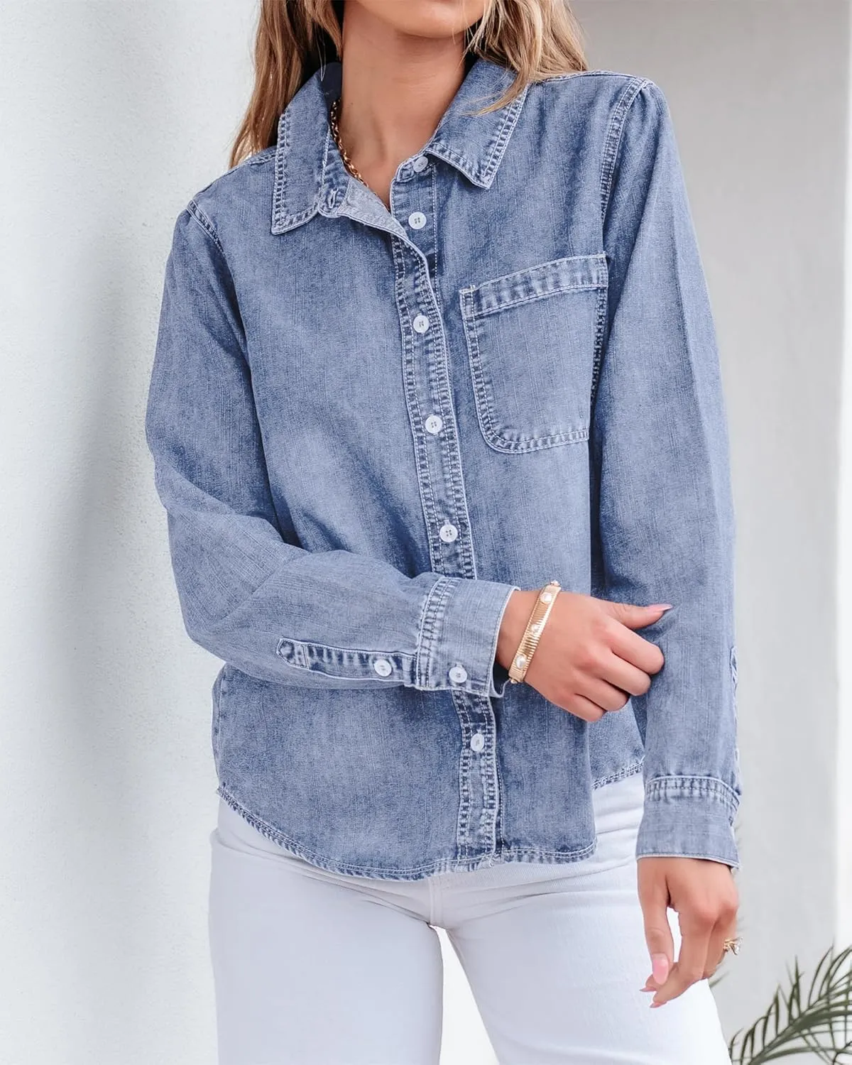 GRAPENT Denim Button Down Shirts for Women Long Sleeve Lightweight Western Relaxed Single Pocket Jean Shirt Shacket Top
